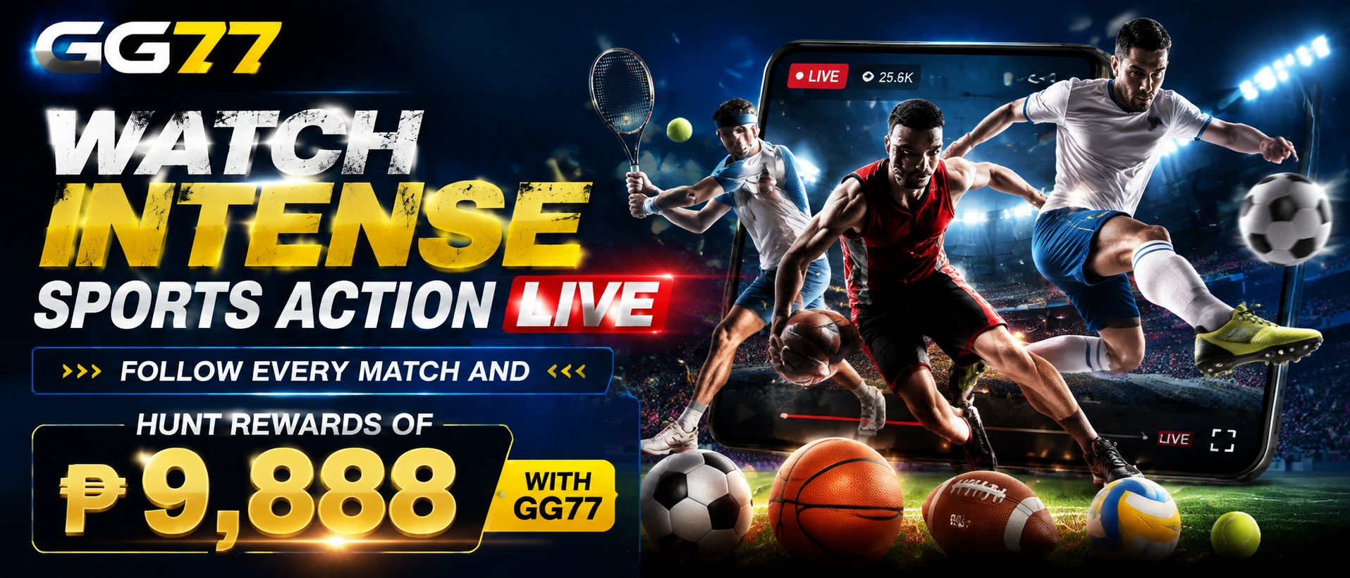 GG77 sports banner with football and live match theme